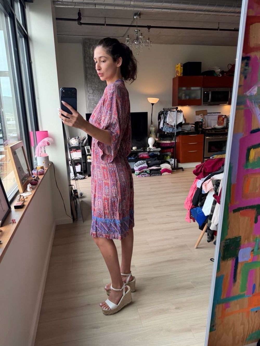 Women's Printed V-Neck Midi Dress in Mauve with Blue Accents - Picture 2 of 8